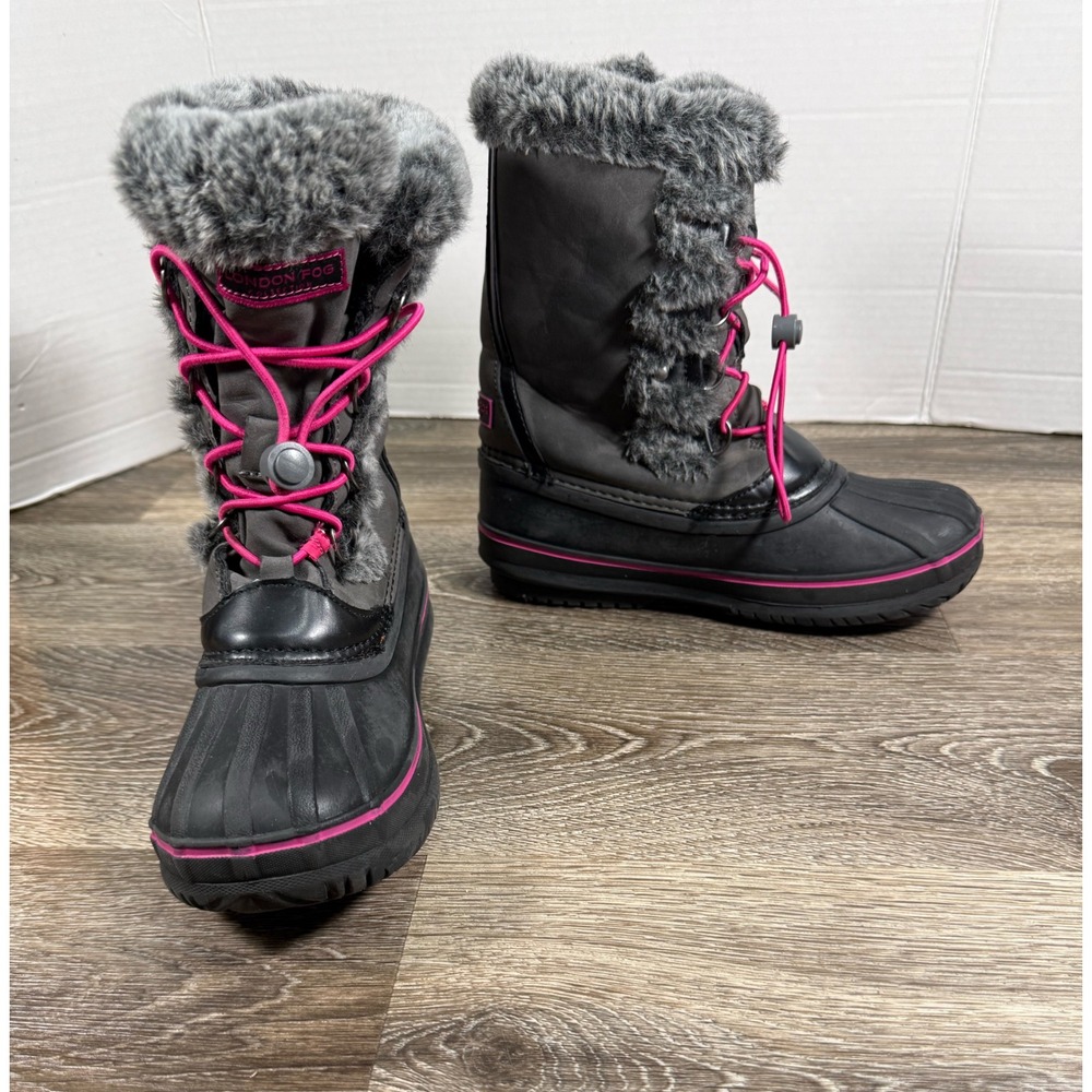 London Fog Hackney Girls Winter Boots Grey Pink Faux Fur Size 4 Y2K Snow Bunny